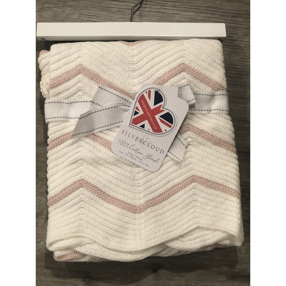 Silver Cloud 100%Cotton Knit Baby Blanket Soft & Warm White Pink Zig Zag New